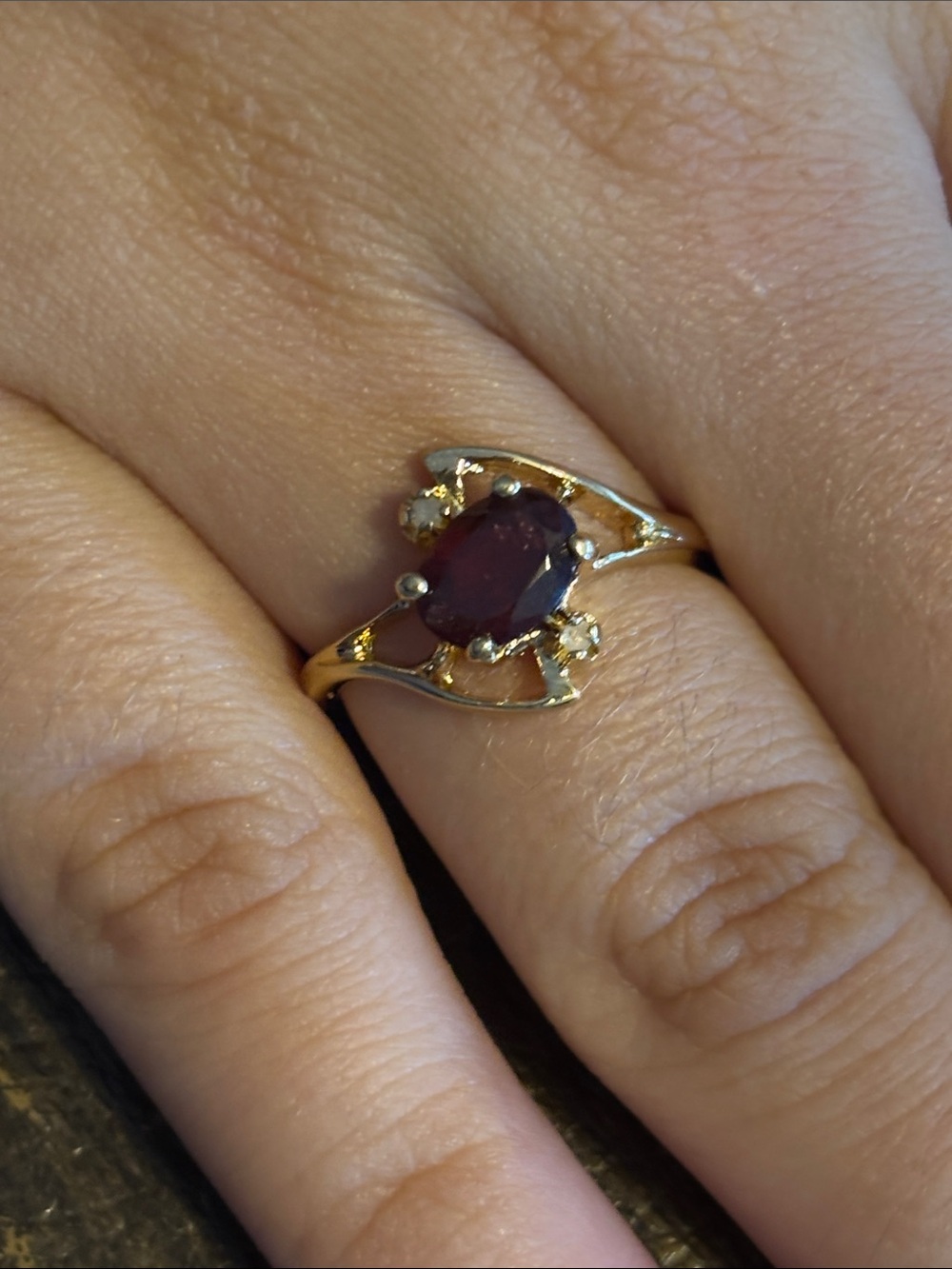 Vintage Signed LIND 14K HGE Garnet and Diamond Accent Bypass Ring